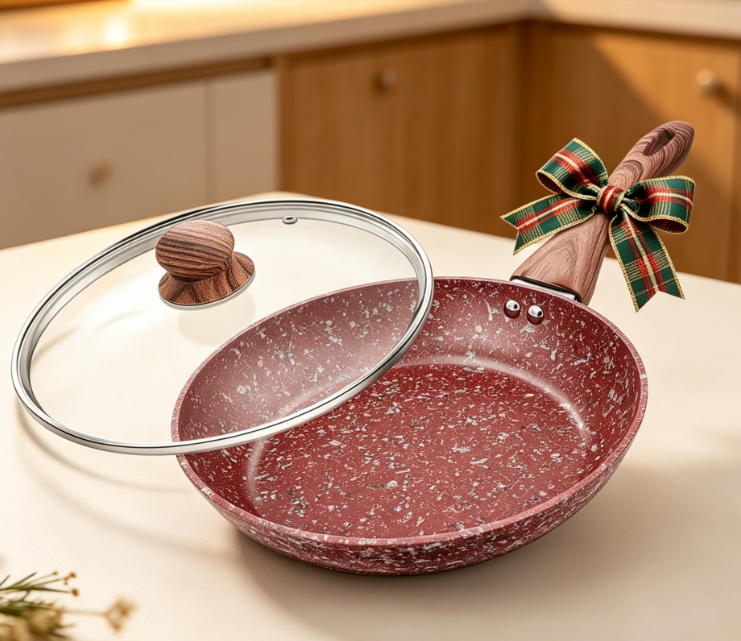 Granite Non Stick Frying Pan With Lid, Non Toxic, Bakelite Handle